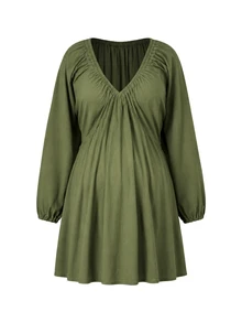 SHEIN Maternity Dress Olive Green 100% Cotton - Army Green - View 4