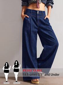 SHEIN PETITE CURVE 大尺碼女款日常旅行牛仔褲，附口袋與鈕扣，冬季正式商務時尚基本款，哥德風，萬聖節聖誕節節慶適用，PETITE CURVE - 藍色 - 查看 11