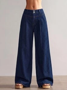 SHEIN PETITE CURVE 大尺碼女款日常旅行牛仔褲，附口袋與鈕扣，冬季正式商務時尚基本款，哥德風，萬聖節聖誕節節慶適用，PETITE CURVE - 藍色 - 查看 8