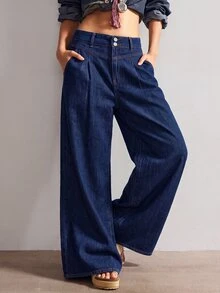 SHEIN PETITE CURVE 大尺碼女款日常旅行牛仔褲，附口袋與鈕扣，冬季正式商務時尚基本款，哥德風，萬聖節聖誕節節慶適用，PETITE CURVE - 藍色 - 查看 10