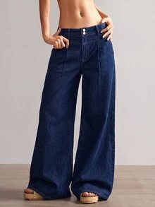 SHEIN PETITE CURVE 大尺碼女款日常旅行牛仔褲，附口袋與鈕扣，冬季正式商務時尚基本款，哥德風，萬聖節聖誕節節慶適用，PETITE CURVE - 藍色 - 查看 9