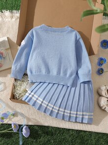 SHEIN 幼女秋冬輕藍色長袖刺繡百褶針織衫與裙子套裝，返校穿搭，舒適柔軟，節慶聖誕套裝 - 淺藍色 - 查看 3