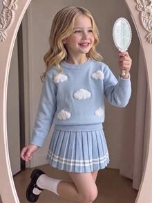 SHEIN 幼女秋冬輕藍色長袖刺繡百褶針織衫與裙子套裝，返校穿搭，舒適柔軟，節慶聖誕套裝 - 淺藍色 - 查看 10