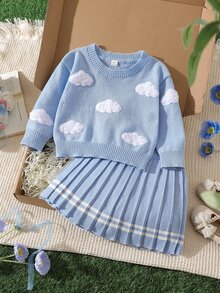 SHEIN 幼女秋冬輕藍色長袖刺繡百褶針織衫與裙子套裝，返校穿搭，舒適柔軟，節慶聖誕套裝 - 淺藍色 - 查看 2