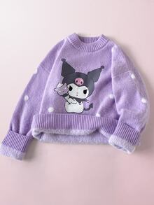 Maija Kids HELLO KITTY AND FRIENDS | SHEIN Maija Kids 兒童 1件大童女孩休閒可愛優雅精緻舒適寬鬆針織卡通白色波點高領套頭長袖紫色秋季毛衣 - 紫色 - 查看 6