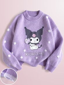 Maija Kids HELLO KITTY AND FRIENDS | SHEIN Maija Kids 兒童 1件大童女孩休閒可愛優雅精緻舒適寬鬆針織卡通白色波點高領套頭長袖紫色秋季毛衣 - 紫色 - 查看 1