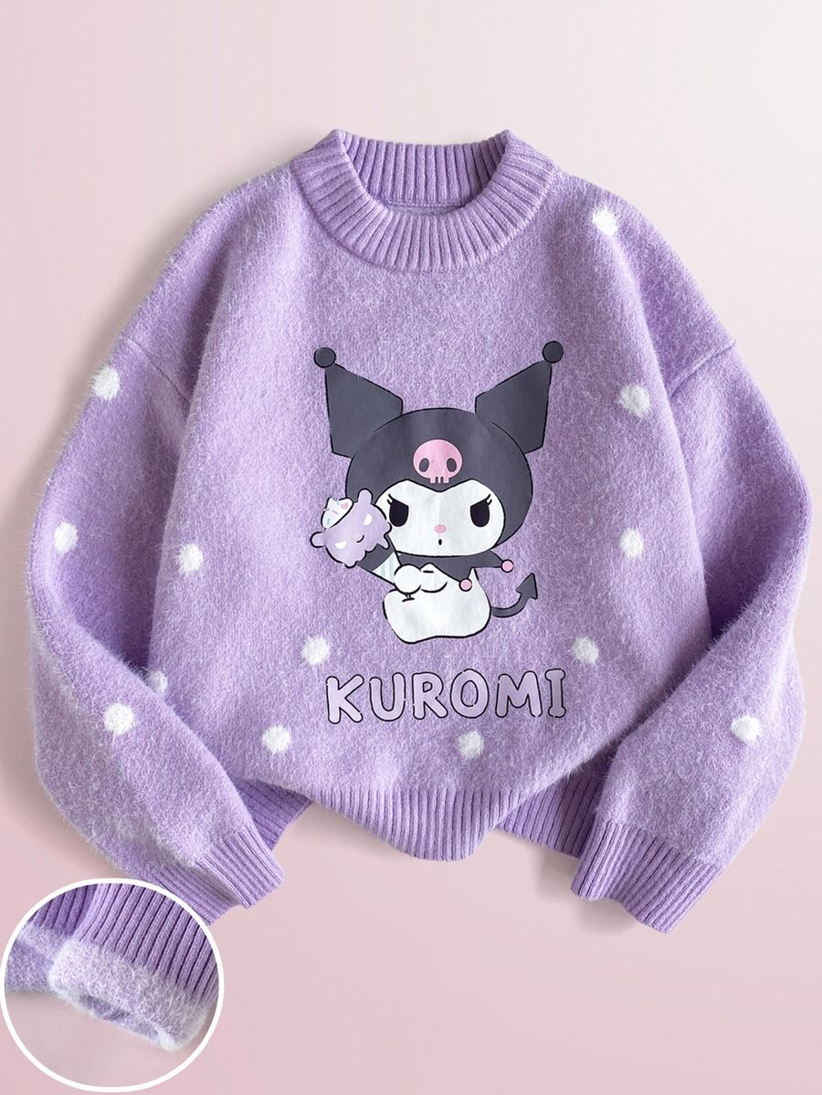 Maija Kids HELLO KITTY AND FRIENDS | SHEIN Maija Kids 兒童 1件大童女孩休閒可愛優雅精緻舒適寬鬆針織卡通白色波點高領套頭長袖紫色秋季毛衣 - 紫色 - 查看 1