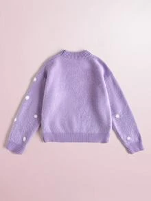 Maija Kids HELLO KITTY AND FRIENDS | SHEIN Maija Kids 兒童 1件大童女孩休閒可愛優雅精緻舒適寬鬆針織卡通白色波點高領套頭長袖紫色秋季毛衣 - 紫色 - 查看 2