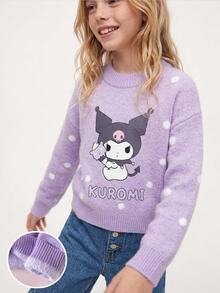 Maija Kids HELLO KITTY AND FRIENDS | SHEIN Maija Kids 兒童 1件大童女孩休閒可愛優雅精緻舒適寬鬆針織卡通白色波點高領套頭長袖紫色秋季毛衣 - 紫色 - 查看 7