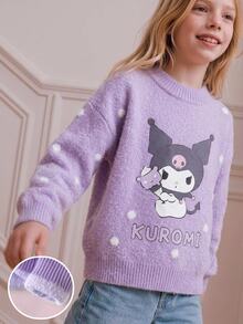 Maija Kids HELLO KITTY AND FRIENDS | SHEIN Maija Kids 兒童 1件大童女孩休閒可愛優雅精緻舒適寬鬆針織卡通白色波點高領套頭長袖紫色秋季毛衣 - 紫色 - 查看 8