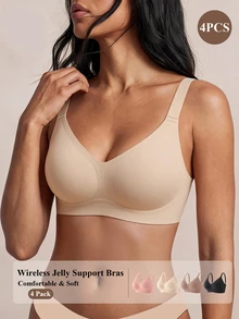 SHEIN Women's Seamless Wireless Jelly Support Bra With Anti-Slip Design, Comfortable Basic Everyday Bralette, 4-Pack - Multicolor - View 4