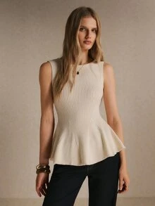 Poéselle Atasan Rajut Elegan Bergaya Paris dengan Hem Mengembang untuk Akhir Pekan, Kantor, Brunch, Kopi, Kencan, Krem Putih, Musim Gugur - Putih - View 4