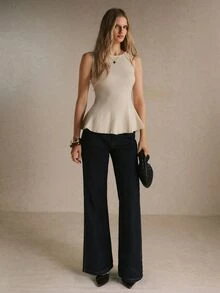 Poéselle Atasan Rajut Elegan Bergaya Paris dengan Hem Mengembang untuk Akhir Pekan, Kantor, Brunch, Kopi, Kencan, Krem Putih, Musim Gugur - Putih - View 1