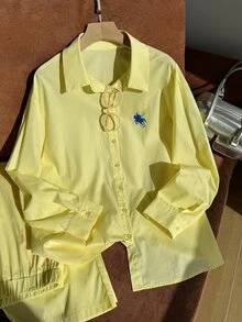 Comfortcana 大尺碼女款馬術印花單排扣襯衫與長褲休閒傳統套裝 度假海灘藍黃色系 秋季 - 黃色 - 查看 3