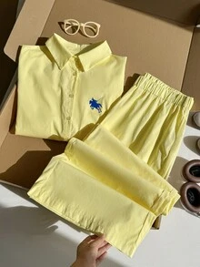 Comfortcana 大尺碼女款馬術印花單排扣襯衫與長褲休閒傳統套裝 度假海灘藍黃色系 秋季 - 黃色 - 查看 5