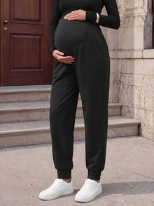 SHEIN Maternity Solid Color Adjustable Waist Tapered Leg Casual Loose Fit Long Pants Fall Photoshoot Home Wear Black - Black - View 2