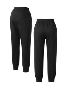 SHEIN Maternity Solid Color Adjustable Waist Tapered Leg Casual Loose Fit Long Pants Fall Photoshoot Home Wear Black - Black - View 7