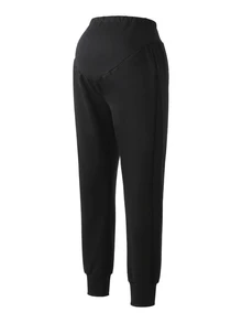 SHEIN Maternity Solid Color Adjustable Waist Tapered Leg Casual Loose Fit Long Pants Fall Photoshoot Home Wear Black - Black - View 6
