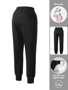SHEIN Maternity Solid Color Adjustable Waist Tapered Leg Casual Loose Fit Long Pants Fall Photoshoot Home Wear Black - Black - View 4