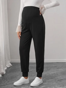 SHEIN Maternity Solid Color Adjustable Waist Tapered Leg Casual Loose Fit Long Pants Fall Photoshoot Home Wear Black - Black - View 1