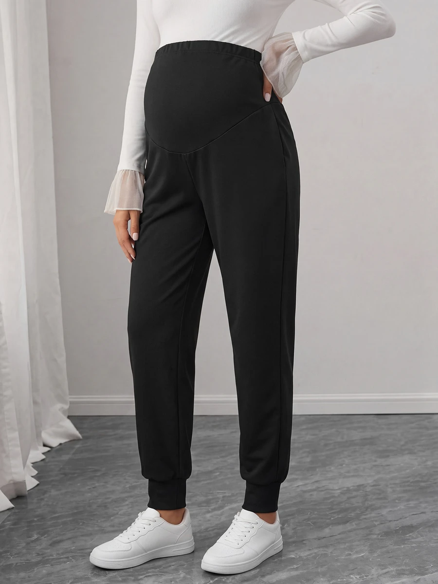 SHEIN Maternity Solid Color Adjustable Waist Tapered Leg Casual Loose Fit Long Pants Fall Photoshoot Home Wear Black - Black - View 1