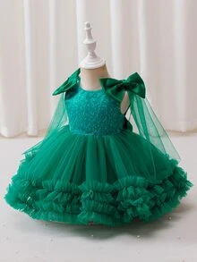 SHEIN 女嬰公主洋裝 深綠色網紗洋裝 亮片印花 蝴蝶結 緞帶 聖誕洋裝 新年洋裝 生日派對 婚禮節日正式洋裝 奢華優雅可愛 - 綠色 - 查看 3
