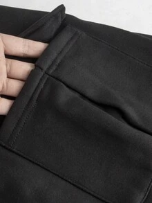 SHEIN Black Long Casual Sports Sweatpants, Autumn/Winter Thermal Lined, Comfortable With Pockets, Cuffed Hem And Tummy Control - Black - View 8