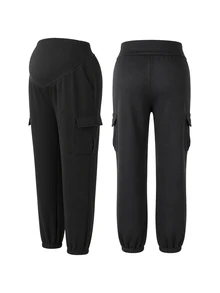 SHEIN Black Long Casual Sports Sweatpants, Autumn/Winter Thermal Lined, Comfortable With Pockets, Cuffed Hem And Tummy Control - Black - View 6