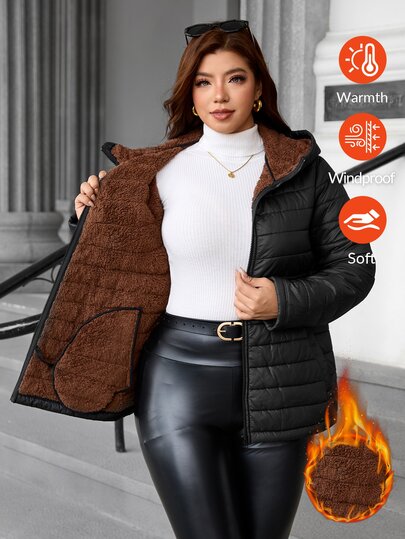 Reflora Plus Size Women's Solid Color Long Sleeve Zipper Front Casual Hooded Winter Jacket