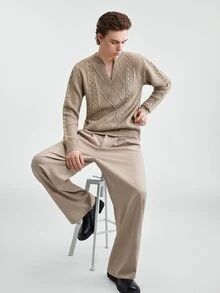 Manfinity Homme 男士V領長袖套頭毛衣，休閒針織秋冬服飾，燕麥色寬鬆版型時尚百搭麻花菱格紋長袖套頭毛衣 - 卡其色 - 查看 5