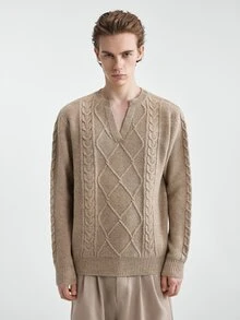 Manfinity Homme 男士V領長袖套頭毛衣，休閒針織秋冬服飾，燕麥色寬鬆版型時尚百搭麻花菱格紋長袖套頭毛衣 - 卡其色 - 查看 2