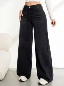 SHEIN Tall 女款寬腿寬鬆休閒街頭風百搭牛仔褲，附口袋，秋冬 Y2K 百搭款，適合萬聖節、節慶、校園，高個加絨 - 黑色 - 查看 5