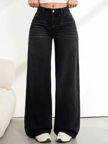 SHEIN Tall 女款寬腿寬鬆休閒街頭風百搭牛仔褲，附口袋，秋冬 Y2K 百搭款，適合萬聖節、節慶、校園，高個加絨 - 黑色 - 查看 7