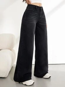 SHEIN Tall 女款寬腿寬鬆休閒街頭風百搭牛仔褲，附口袋，秋冬 Y2K 百搭款，適合萬聖節、節慶、校園，高個加絨 - 黑色 - 查看 4