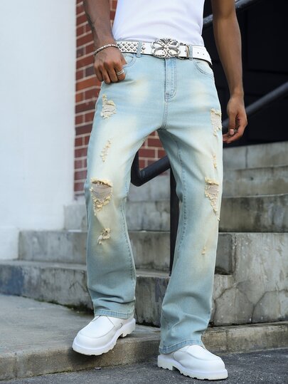 Manfinity EMRG Men's Fashion Casual Distressed Vintage Washed Stretch Denim Horseshoe Flare Jeans