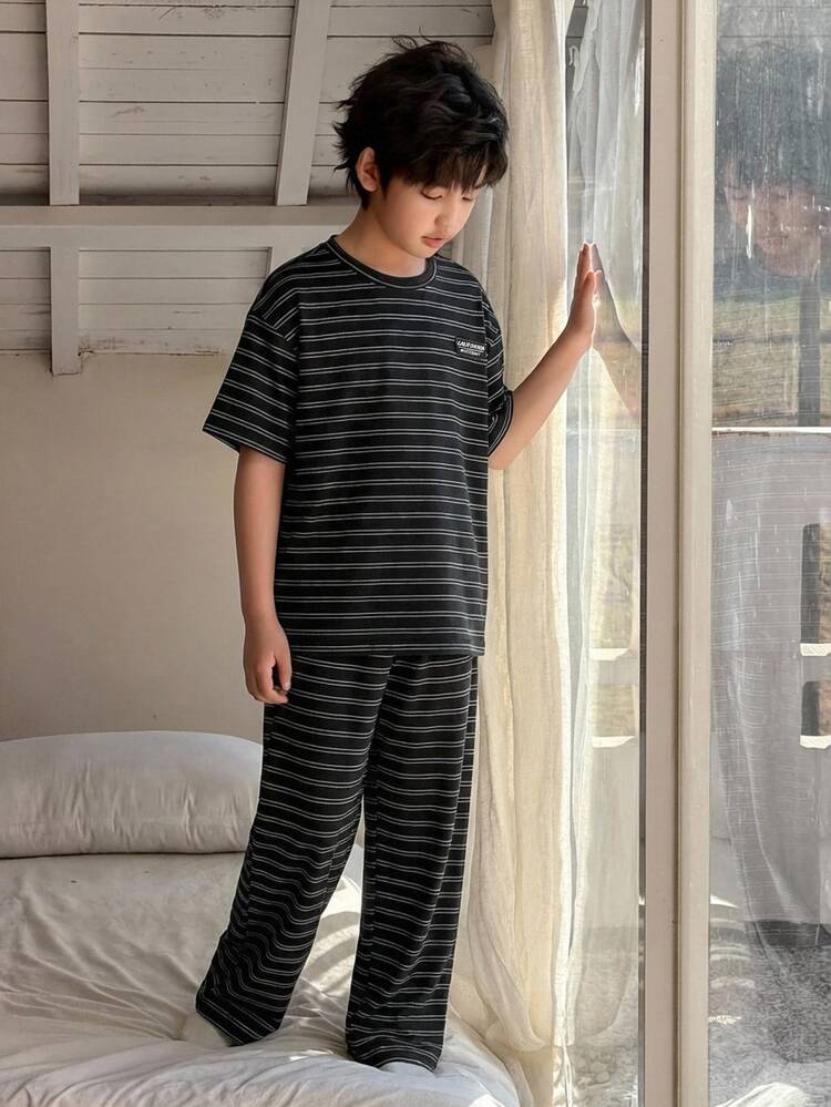 DAZY Tween Boy Striped Short Sleeve Top And Pants Pajama Set Summer - Black - View 5