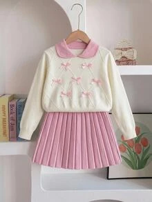 SHEIN Tween Girl Sweater Set, Peter Pan Collar And Bow, Geometric Diamond Knit Pattern, Soft And Comfortable Fabric,Long Sleeve,Fall Winter Back To School - Pink - View 9