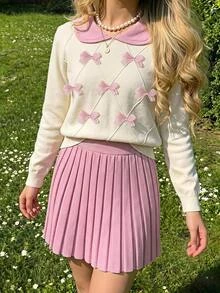 SHEIN Tween Girl Sweater Set, Peter Pan Collar And Bow, Geometric Diamond Knit Pattern, Soft And Comfortable Fabric,Long Sleeve,Fall Winter Back To School - Pink - View 8