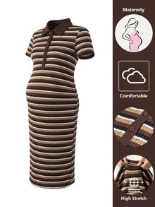 SHEIN 2026 New Maternity Summer Mocha Brown Striped Button Half-Placket Short Sleeve Dress - Brown - View 4