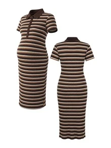 SHEIN 2026 New Maternity Summer Mocha Brown Striped Button Half-Placket Short Sleeve Dress - Brown - View 6