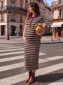 SHEIN 2026 New Maternity Summer Mocha Brown Striped Button Half-Placket Short Sleeve Dress - Brown - View 3