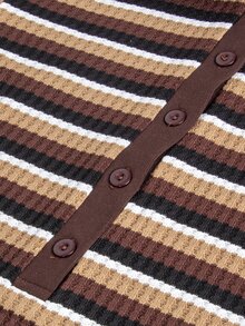 SHEIN 2026 New Maternity Summer Mocha Brown Striped Button Half-Placket Short Sleeve Dress - Brown - View 11