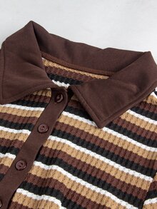 SHEIN 2026 New Maternity Summer Mocha Brown Striped Button Half-Placket Short Sleeve Dress - Brown - View 8