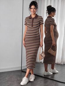 SHEIN 2026 New Maternity Summer Mocha Brown Striped Button Half-Placket Short Sleeve Dress - Brown - View 1