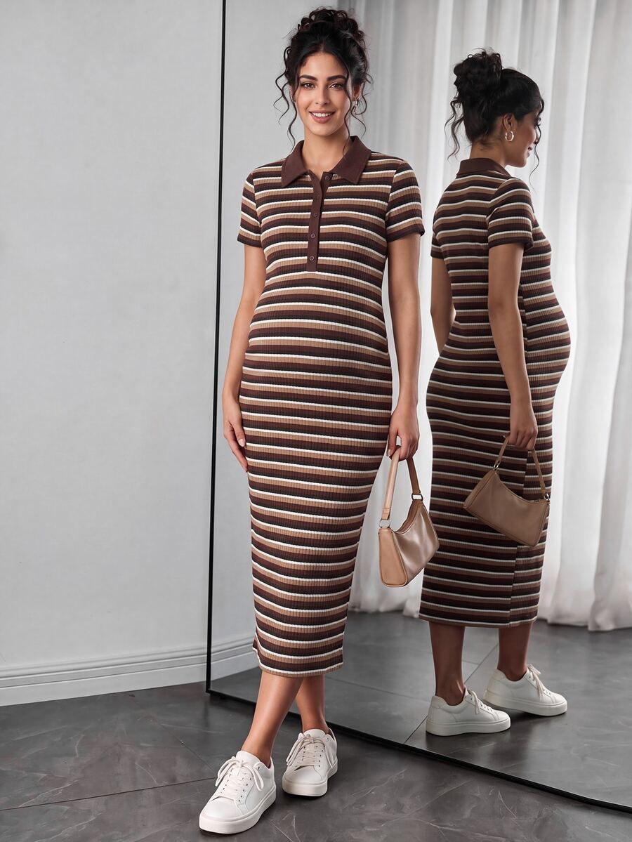 SHEIN 2026 New Maternity Summer Mocha Brown Striped Button Half-Placket Short Sleeve Dress - Brown - View 1