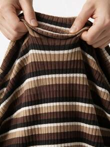 SHEIN 2026 New Maternity Summer Mocha Brown Striped Button Half-Placket Short Sleeve Dress - Brown - View 7