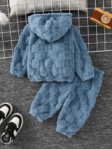 Bubblio 2pcs/Set Baby Boy Baby Girl Thermal Lined Brushed Thick Hooded Jacket And Casual Sports Basic Long Pants Set For Winter - Blue - View 2