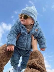 Bubblio 2pcs/Set Baby Boy Baby Girl Thermal Lined Brushed Thick Hooded Jacket And Casual Sports Basic Long Pants Set For Winter - Blue - View 4