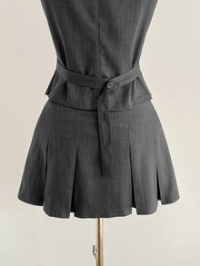 Elamini Women's Sleeveless Button Design Waist-Cinching Top And Pleated Skirt Suit Set - Dark Grey - View 7
