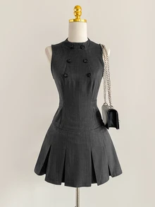 Elamini Women's Sleeveless Button Design Waist-Cinching Top And Pleated Skirt Suit Set - Dark Grey - View 4